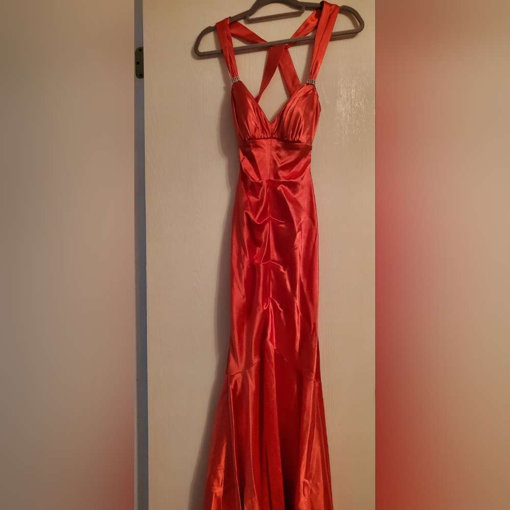 Coral floor length prom dress